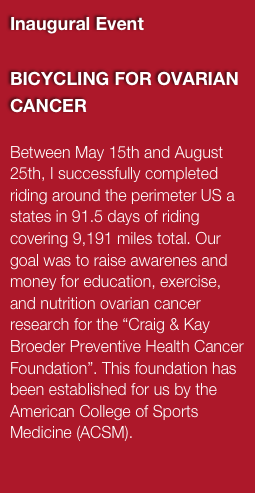 Inaugural Event

BICYCLING FOR OVARIAN CANCER

Between May 15th and August 25th, I successfully completed riding around the perimeter US a states in 91.5 days of riding covering 9,191 miles total. Our goal was to raise awarenes and money for education, exercise, and nutrition ovarian cancer research for the “Craig & Kay Broeder Preventive Health Cancer Foundation”. This foundation has been established for us by the American College of Sports Medicine (ACSM).